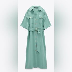 Zara Seafoam Boho Shirt Dress with Gold Buttons - Size XS